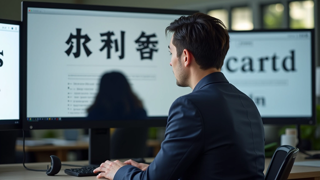 Designer comparing Traditional Chinese and English font weights on multiple monitor displays in professional workspace