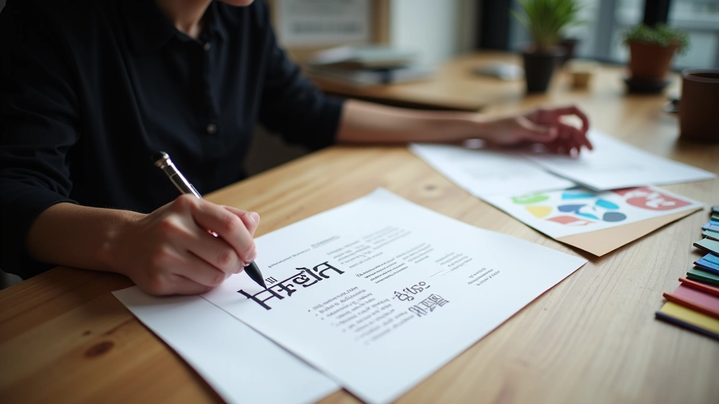 Designer workspace showing bilingual typography sketches with Chinese and English text layouts