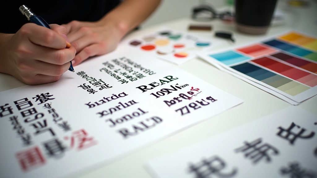 Typography designer at workstation comparing font samples and bilingual text layouts