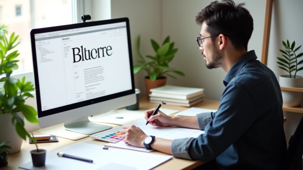 Designer's workspace with font specimen books, design tools, and monitor displaying bilingual website mockup