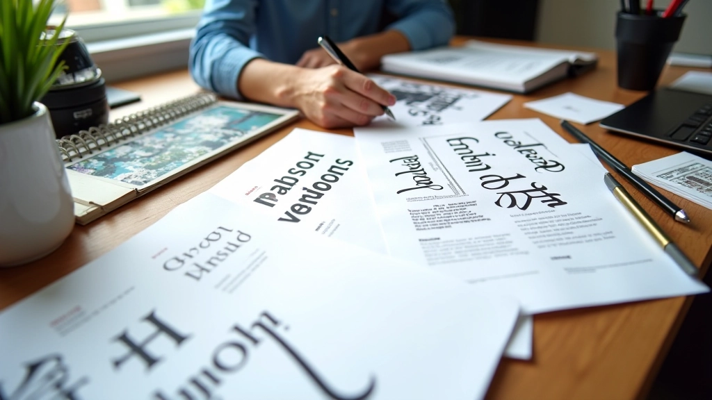 Workspace showing design tools and font testing materials